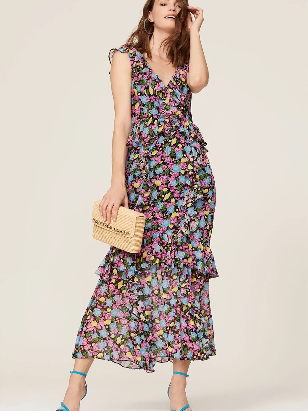 AMUR - Evita Dress - Floral Ruffle Wrap Midi Dress - Pink & Blue Floral